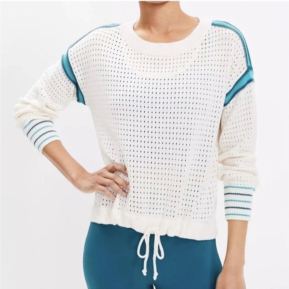 Lou & Grey Large Striped Bohemian Pointelle Crochet Knit Beige Sweater Coastal